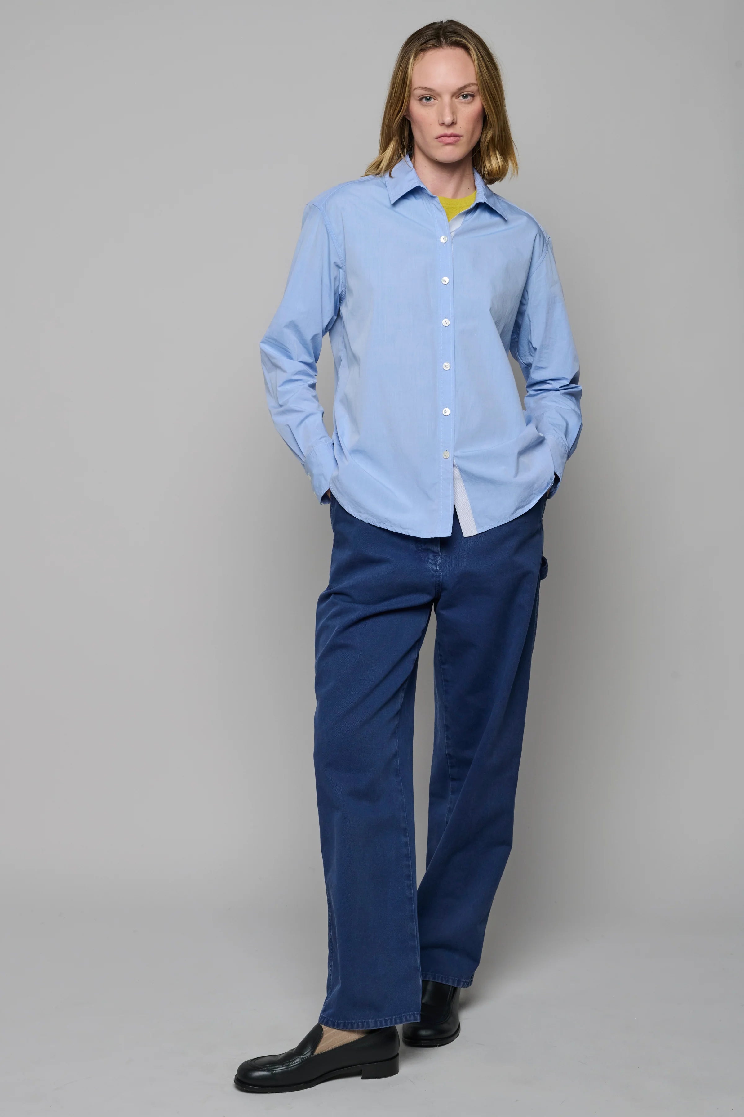Cotton Poplin Button Up Shirt in Blue Poplin