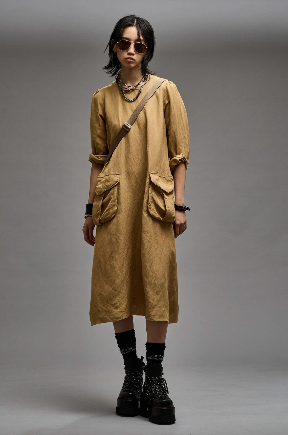 Bellow Pockets Dress in Khaki